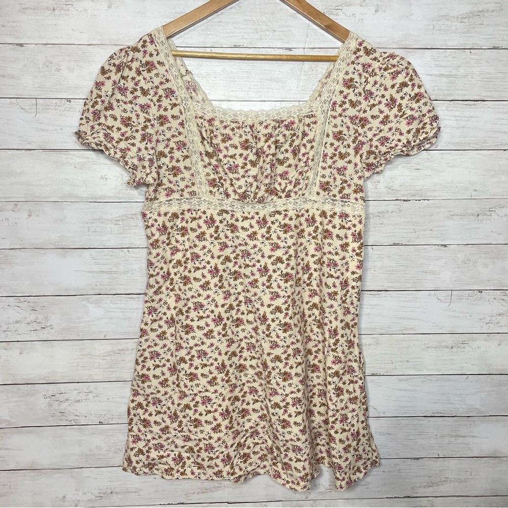 Celebrity Pink Floral Cottagecore Mini Dress Lace Trim Size Western XL - Picture 2 of 6